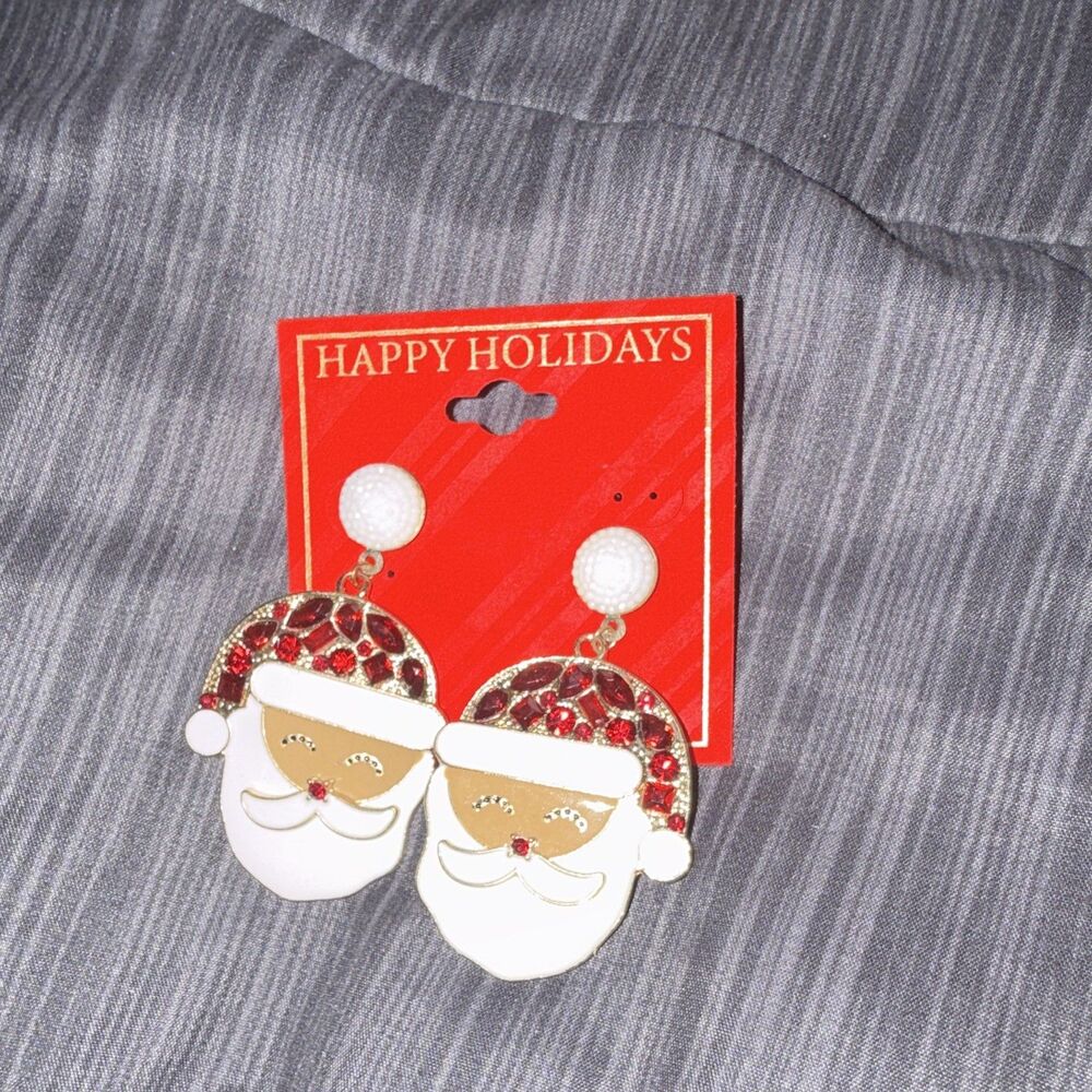Holiday Time Santa Dangle/Drop Earrings Red/White Enamel Rhinestone Christmas